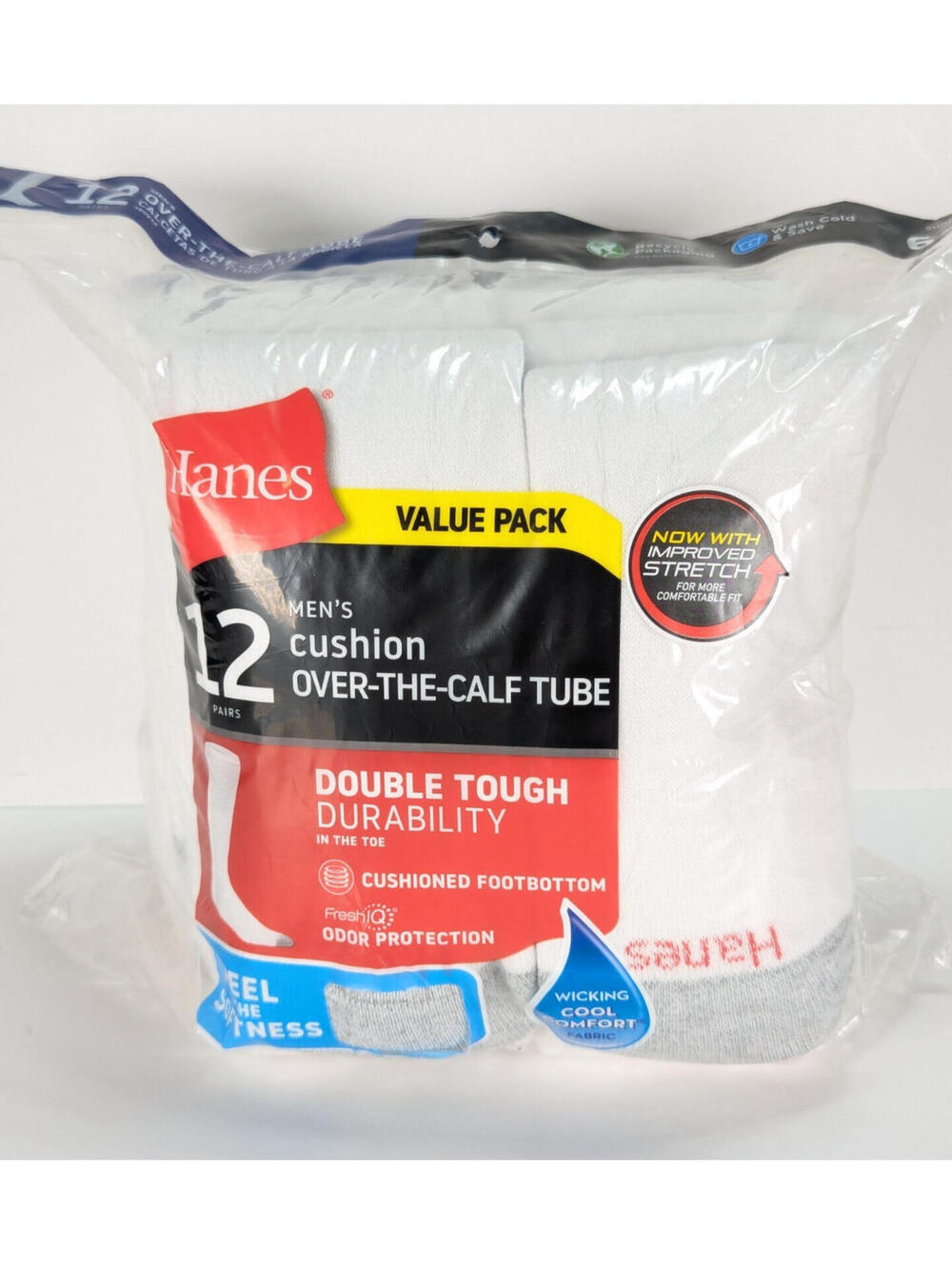 Hanes 12 Pack Mens Size 6-12 White Cushion Over Calf Tube Double Tough Gray Toe